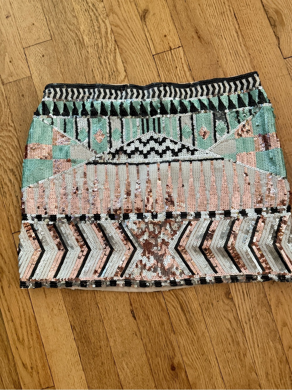Endless Rose Sequin Mini Skirt in sea foam green, Rose Gold & Black